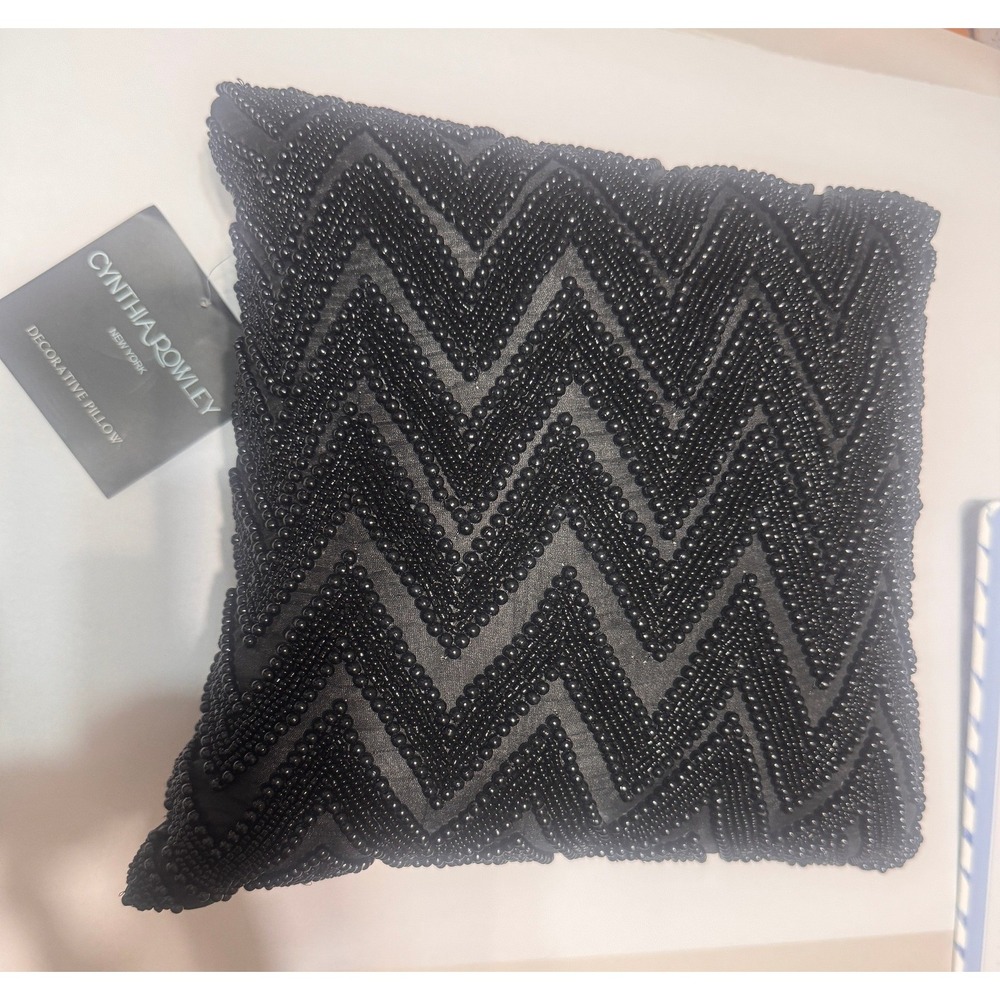 Cynthia Rowley Black Beaded Chevron Decorative Throw Pillow NWT 12x12 Square